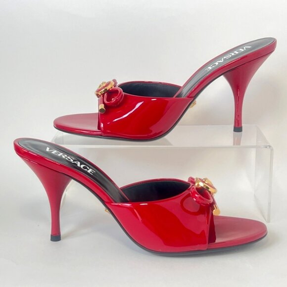 Versace Opera Bow Slides Women Red Leather Heels Medusa Sandals Size 38.5 US8.5 - Picture 2 of 12